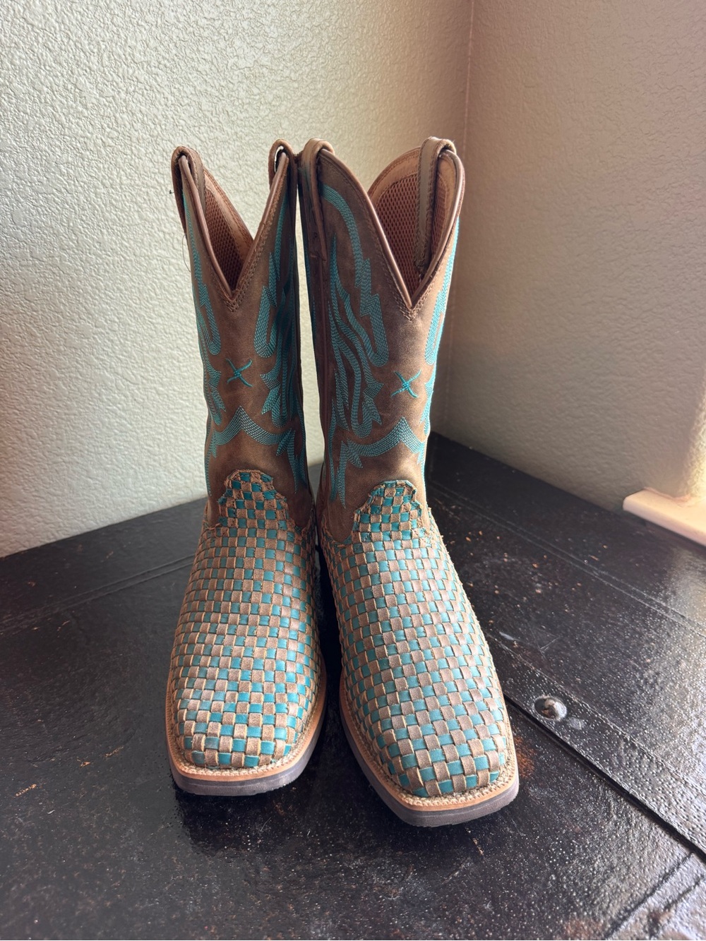 Twisted X Brown and Teal Woven Leather Western Heeled Boots